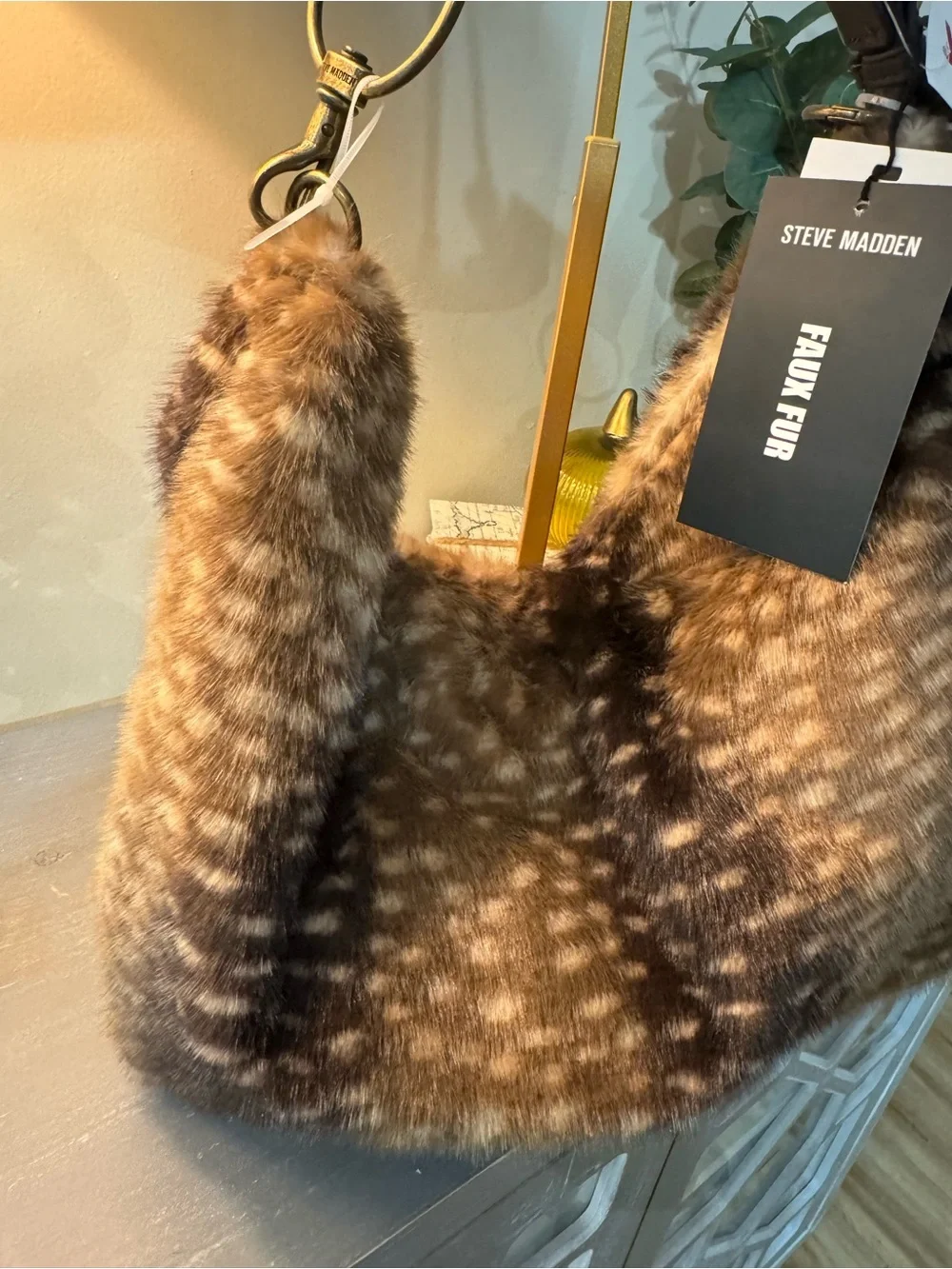 Steve Madden Faux Fur Dark Deer Print Hobo Bag + Matching Pouch